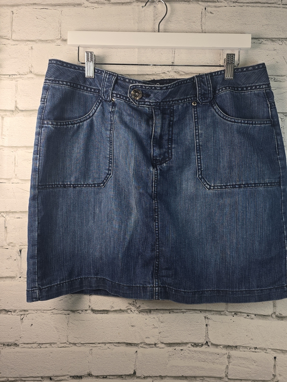 Y2K VINTAGE FADED GLORY DENIM MINI SKIRT LARGE FRONT PATCH POCKETS WOMENS 14 EUC
